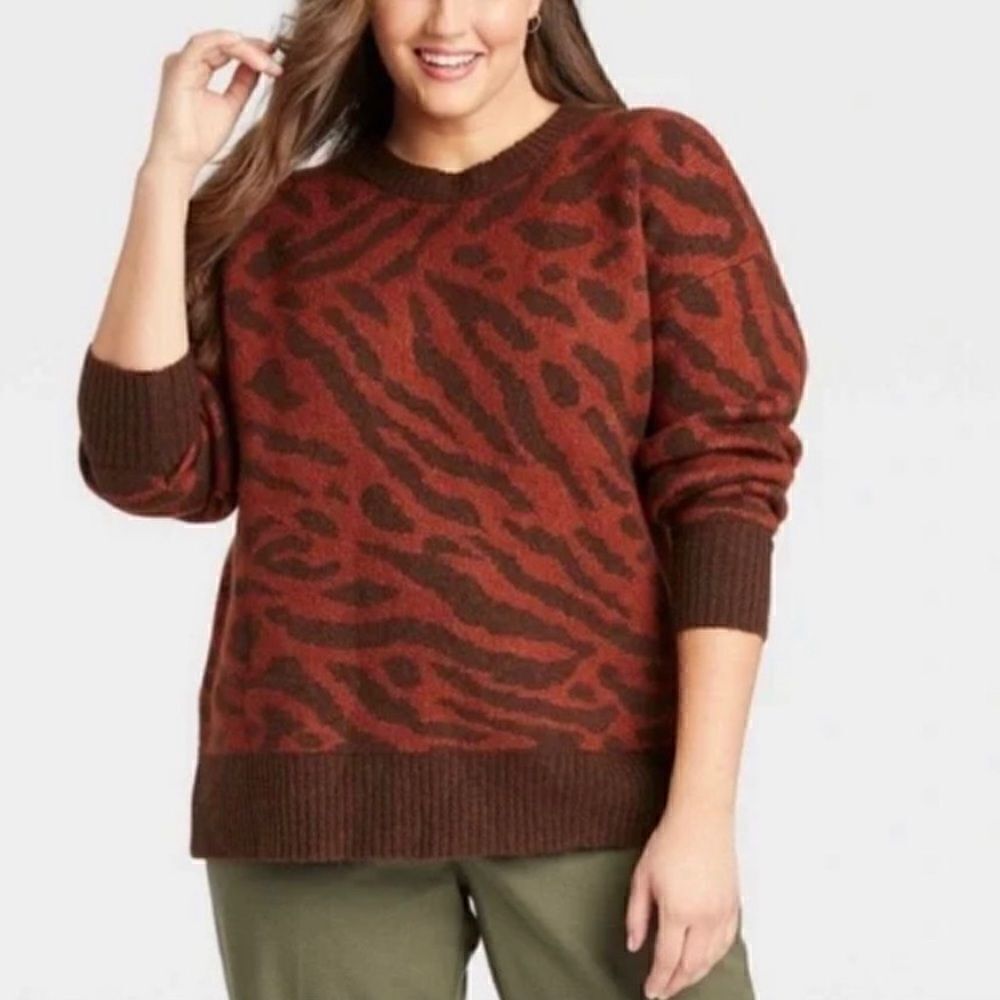 NWT Ava & Viv Brown Animal Print Crewneck Pull Over Sweater, Size 4X